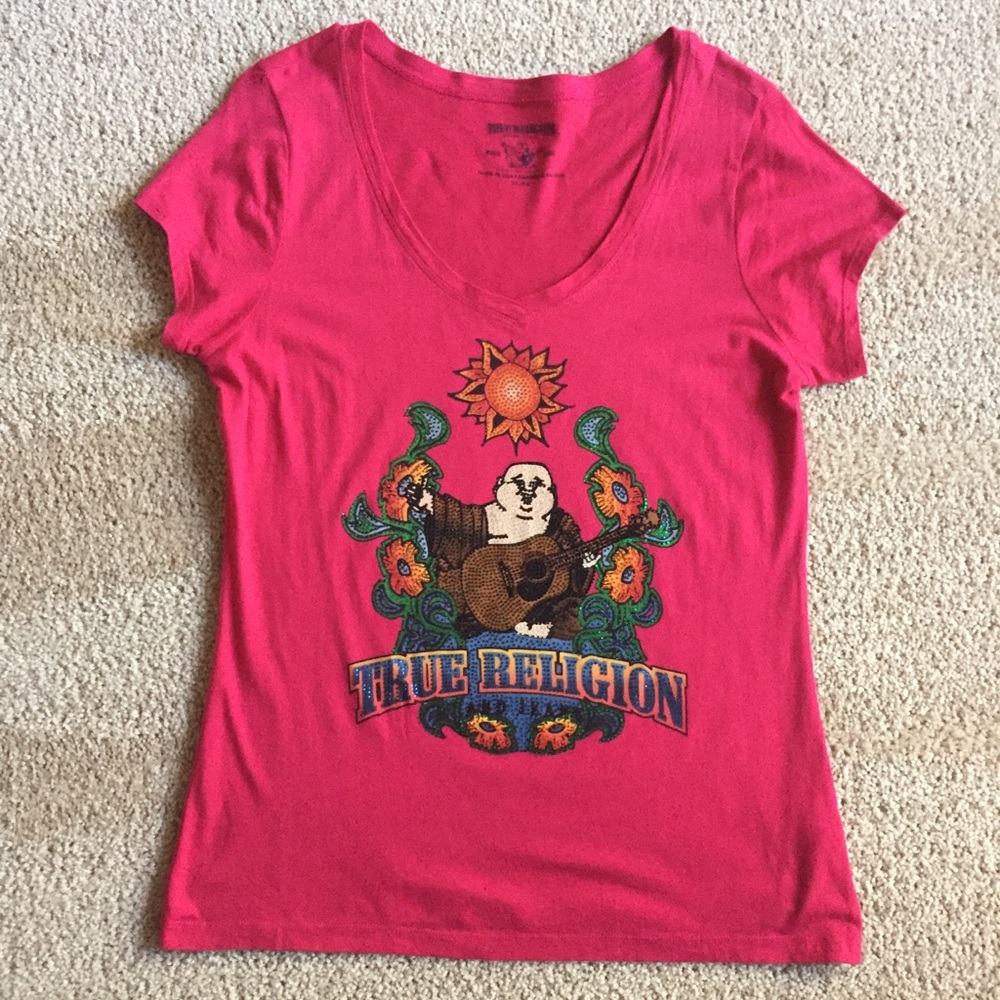 True Religion Red Bejeweled Short Sleeve Tee